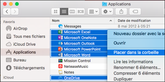 Déplacer les applications Office dans la Corbeille