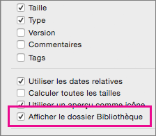 Afficher les fichiers de la bibliothèque dans les options d'affichage du Finder