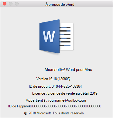 À propos de Word boîte de dialogue