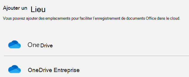 Capture d’écran du bouton Ajouter un emplacement et de la liste Ajouter un emplacement disponibles sur la page Enregistrer sous de Word.
