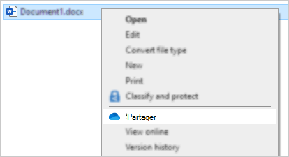 Menu contextuel de l’Explorateur affichant la commande partager OneDrive
