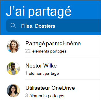 Vue des fichiers partagés dans l’application OneDrive pour Android