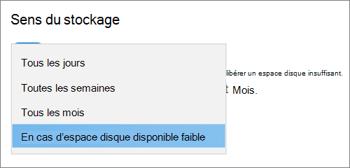 Windows 10 menu déroulant Stockage sélectionnant la fréquence d’exécution de l’Assistant Stockage