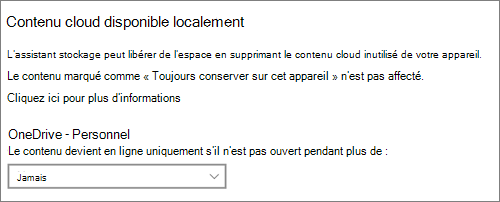 Windows 10 liste déroulante Stockage pour sélectionner quand créer des fichiers OneDrive en ligne uniquement
