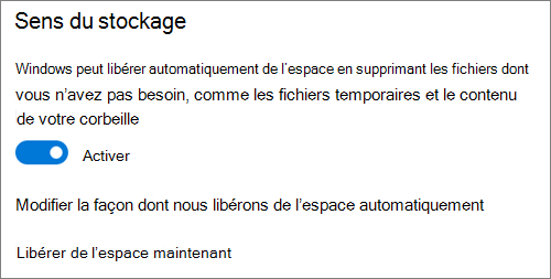 Bouton bascule Stockage de Windows 10 pour activer l’Assistant Stockage