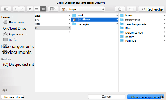 Capture d’écran montrant la sélection d’un emplacement de dossier dans l’Assistant Bienvenue dans OneDrive sur Mac