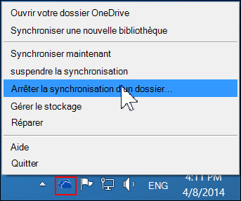 Commande Arrêter la synchronisation d’un dossier dans le menu OneDrive Entreprise
