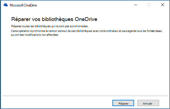 Boîte de dialogue de réparation de la synchronisation OD