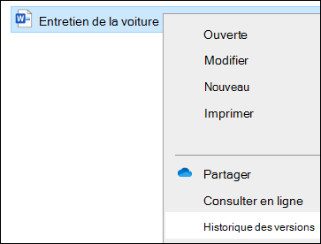 Explorateur de fichiers menu, y compris l’option Historique des versions.