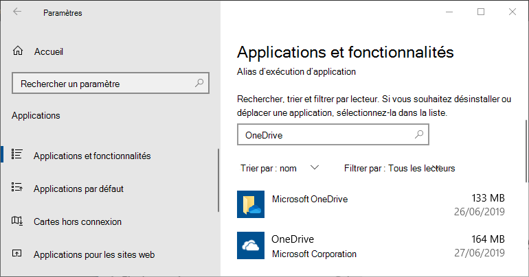 OneDrive dans les paramètres d’application Windows