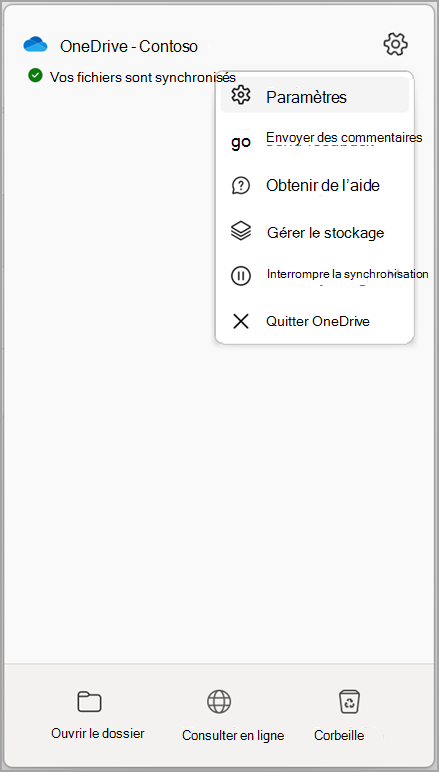 Paramètres OneDrive Arrêter la synchronisation