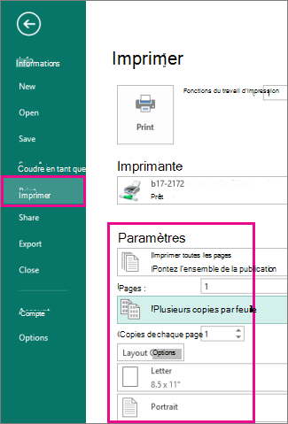 Cliquez sur Fichier, Imprimer pour afficher les paramètres d’impression de Publisher 2013