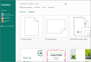 Capture d’écran de modèles dans l’écran d’accueil de Publisher.