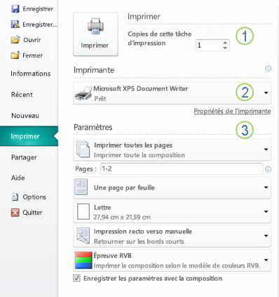 Paramètres d’impression dans Publisher 2010