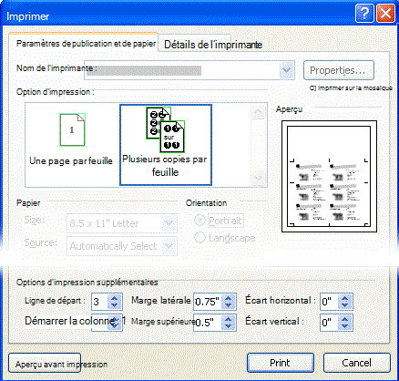 Boîte de dialogue Imprimer, Options d'impression supplémentaires