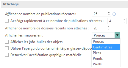 Paramètres d’affichage avancés qui vous permettent de modifier les unités de mesure.