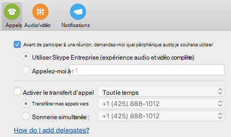 Comment faire lien d’aide Ajouter des délégués ? dans la page Appels de la boîte de dialogue Préférences