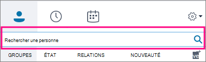 Lorsque la zone de recherche de Skype Entreprise est vide, les onglets disponibles sont Groupes, État, Relations et Nouveau.
