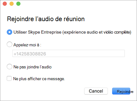 Exemple de boîte de dialogue Participer à la réunion Audio