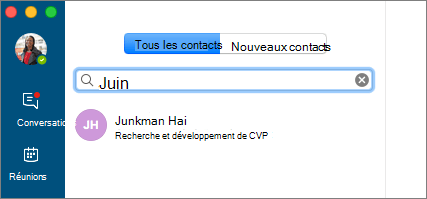 Capture d’écran de l’onglet Contacts, avec le texte de recherche entré et le résultat de la recherche affiché.