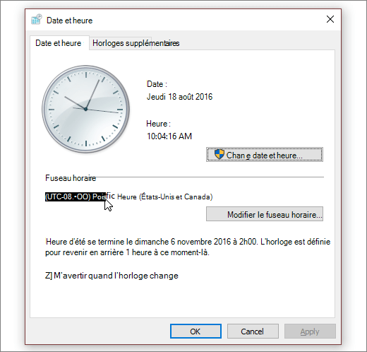 Capture d’écran avec le menu Date et heure dans Windows 10.