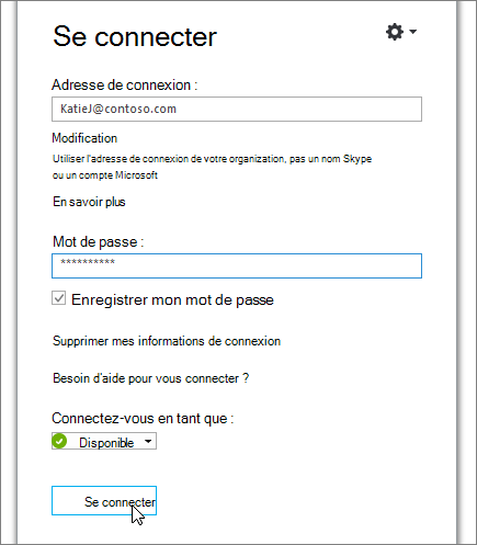 Capture d’écran où entrer votre mot de passe dans l’écran Connexion de Skype Entreprise.
