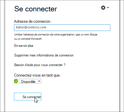 Capture d’écran avec le bouton Connexion dans l’écran Connexion de Skype Entreprise.