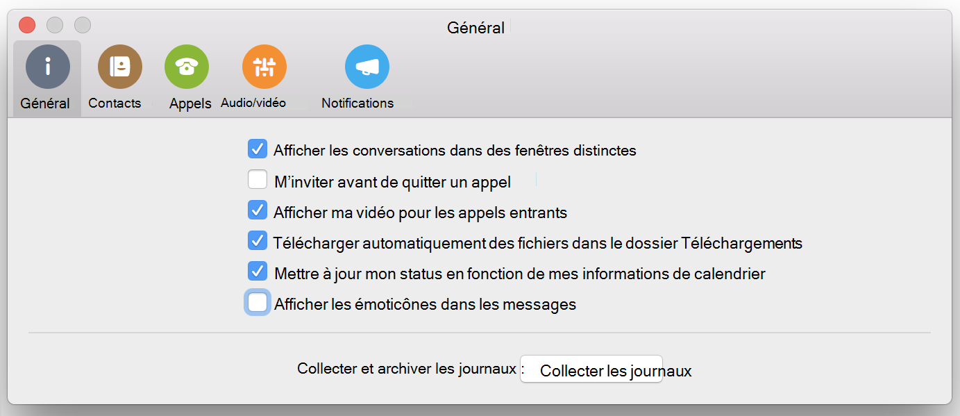 Afficher les émoticônes dans les messages case activée zone de la page Général des préférences