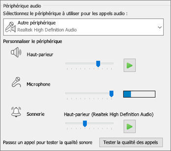 Paramètres personnalisés (haut-parleur, micro, sonnerie) du périphérique audio