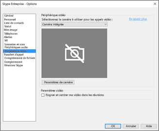 Paramètres du périphérique vidéo, case à cocher Rogner et centrer ma vidéo dans les réunions