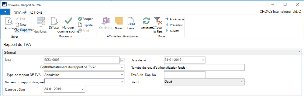 Capture d’écran d’un nouveau rapport de TVA