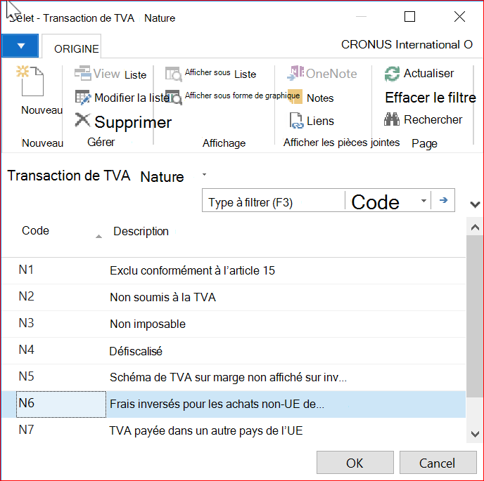 Capture d’écran de la fenêtre Nature de transaction DE TVA