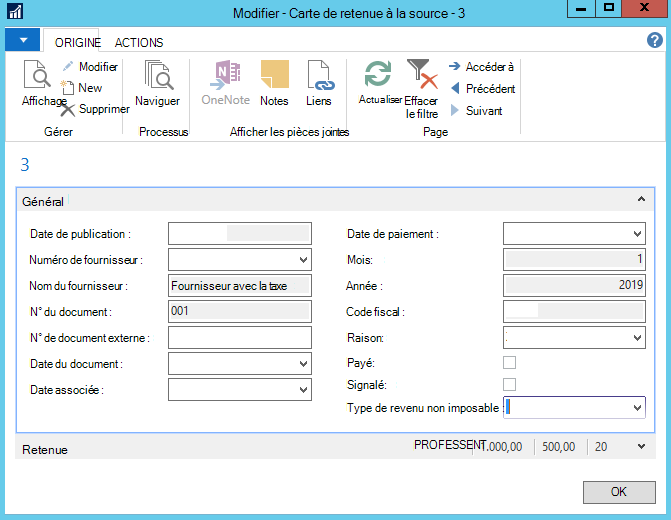 Capture d’écran de la modification de la carte de retenue à la source