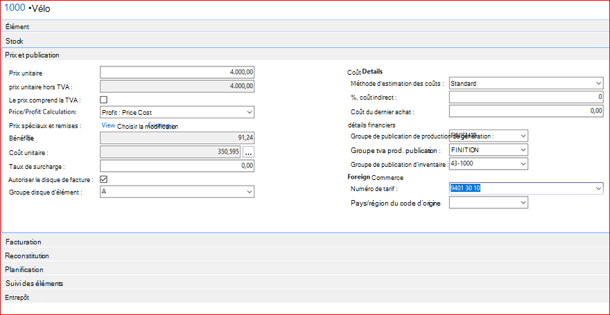 Configurez le numéro de tarif des articles. Valeur