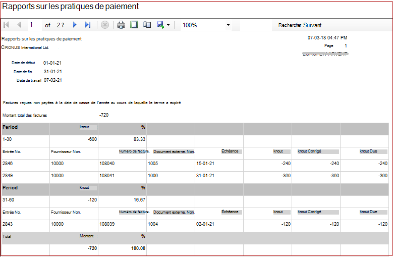 Afficher les factures pour les rapports sur les pratiques de paiement