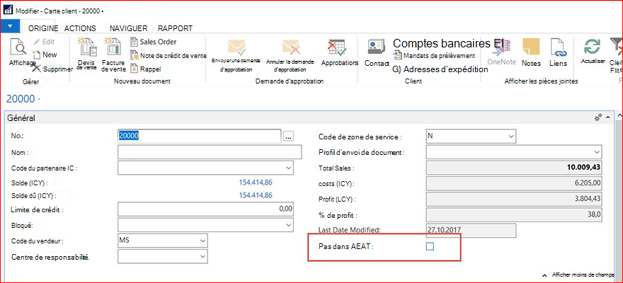 Informations SII sur la carte client