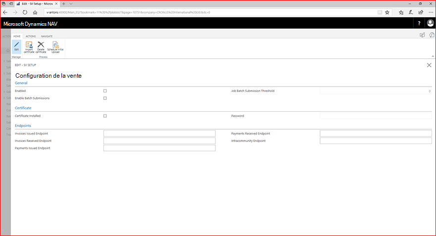 Page d’installation de SII