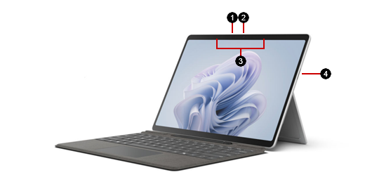 Un appareil Surface Pro 10 pour l’entreprise avec des fonctionnalités matérielles identifiées.