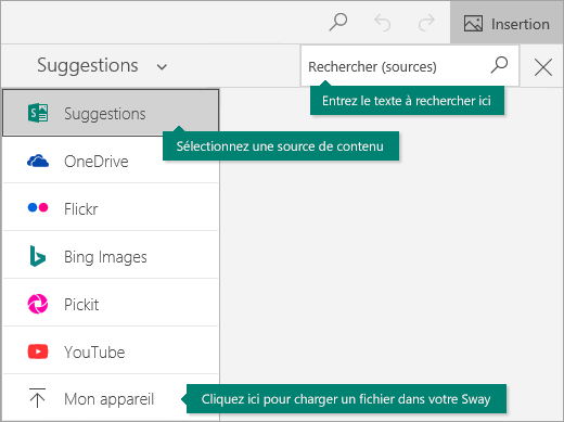 Commande d’insertion et zone de recherche de contenu