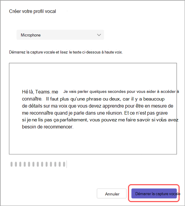 Capture d’écran de la boîte de dialogue Créer votre profil vocal avec le bouton Démarrer la capture vocale mis en évidence.