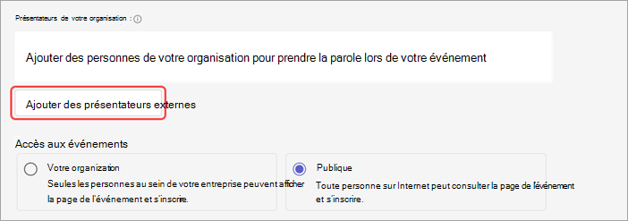 Capture d'écran indiquant comment ajouter des présentateurs externes à un webinaire