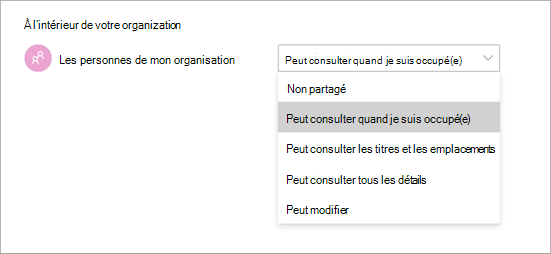 Capture d’écran montrant différentes autorisations d’accès lors du partage d’un calendrier dans Teams.