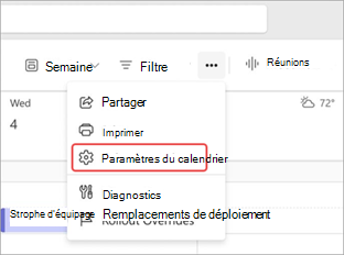 Capture d’écran mettant en évidence les paramètres du calendrier dans le calendrier Teams.