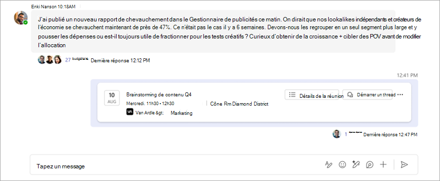 Capture d’écran montrant la conversation de réunion thread dans un canal Microsoft Teams.