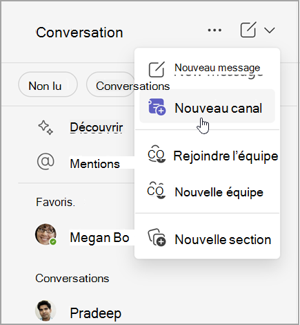 Capture d’écran de la conversation Microsoft Teams avec les options permettant de créer un message, un nouveau canal ou une nouvelle équipe. Il a également la possibilité de rejoindre une équipe ou de créer une section.