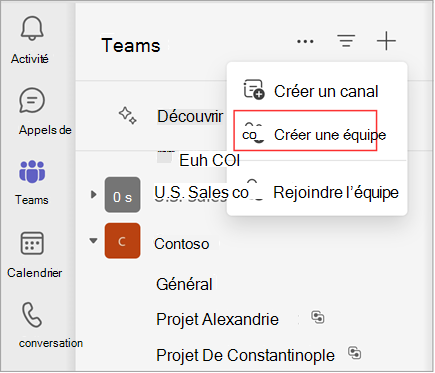 Capture d’écran d’un menu avec des options permettant de créer un canal, de créer une équipe ou de rejoindre une équipe. Sélectionnez Créer une équipe pour créer une équipe. Il affiche également une liste des équipes et des canaux existants.