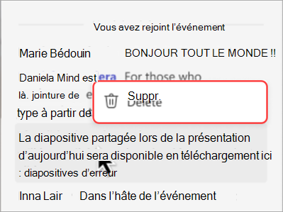 Capture d’écran montrant comment supprimer un message d’une conversation de mairie.