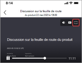 Appuyez sur l’icône plein écran pour afficher un enregistrement de réunion sur l’ensemble de votre écran.