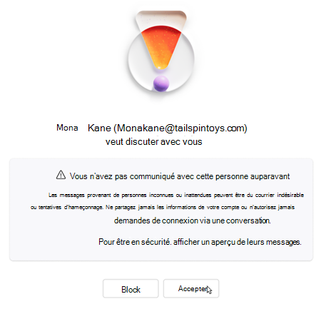 Texte demandant à l’utilisateur d’accepter ou de bloquer une nouvelle conversation