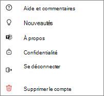 Capture d’écran des paramètres mobiles gratuits teams avec l’aide, les nouveautés, la confidentialité, la déconnexion et la suppression du compte